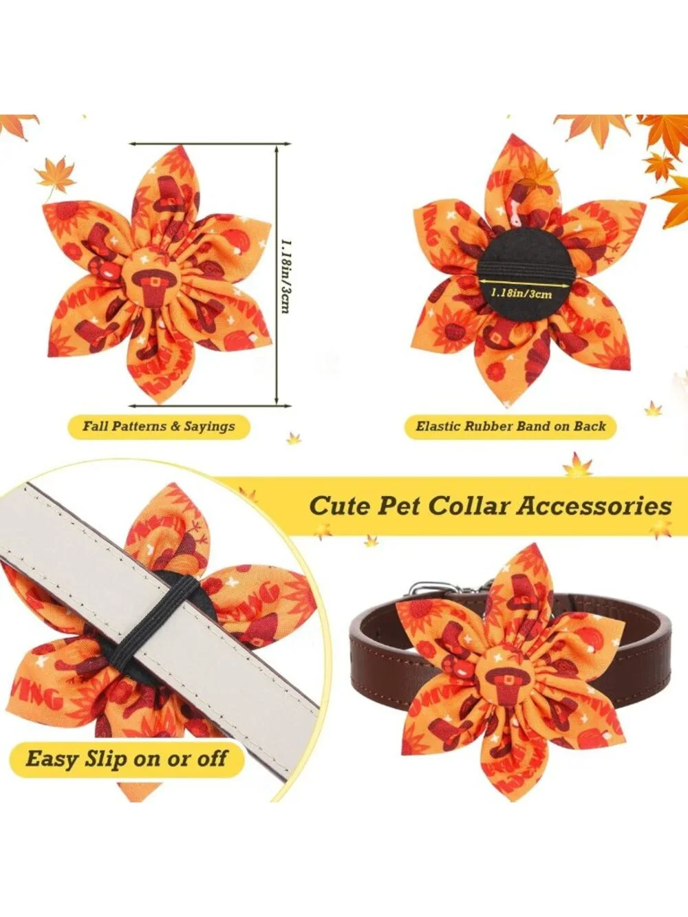 120 Pcs Fall Dog Collar Flowers & Bow Ties - Thanksgiving Pet Accessories for